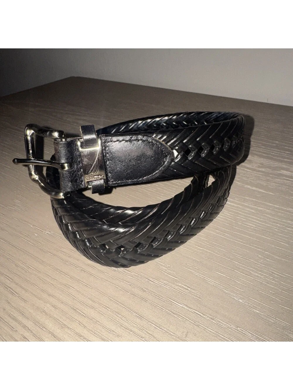 Vintage Nautica Black Belt Braided Woven Vegan Leather Silver Logo Mens 34